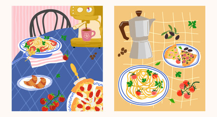 Minimalistic illustration of Italian breakfast and lunch. A bright and modern retro illustration for a kitchen or cafe, art poster, background, or postcard.
