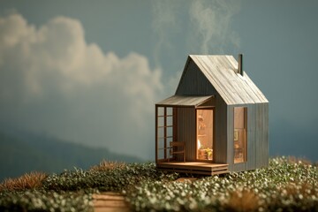 Tiny homes concept showcases modern design in a natural setting with smoke rising from the chimney under an enchanting sky