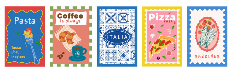 A set of minimalist posters themed around Italian cuisine and culture. Retro-style Italian cuisine. Mediterranean blue tiles, coffee, pizza, sardines, and pasta. Posters for kitchens, cafes, backdrops