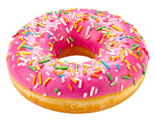 Pink frosted donut with colorful sprinkles isolated on white background, transparent PNG