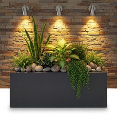 Modern indoor planter with diverse green plants and wall lights