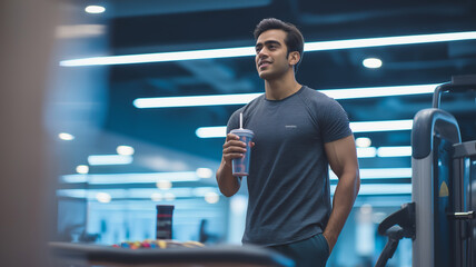 Smiling young Indian man takes a break with a drink in a modern gym filled with exercise equipment Generative AI