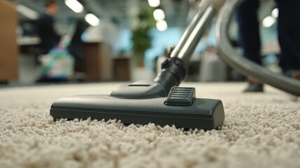 Vacuum cleaner head on a carpet in an office setting with a worker visible in the background during a busy workday