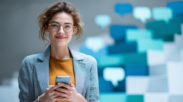 Insurance broker holds a smartphone, smiling confidently in a stylish office space Generative AI
