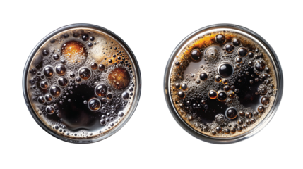 Black Soda Spark Storm: Top view of dark carbonated drink (black soda) fizzing with silver bubbles, minimalist composition, PNG format.