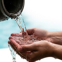 Clean water pouring into cupped hands, depicting purity now