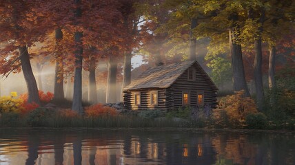 Fototapeta premium Cozy Log Cabin in Autumn Forest by Reflecting Lake