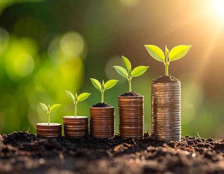 Stacked coins with growing plants, showing financial growth