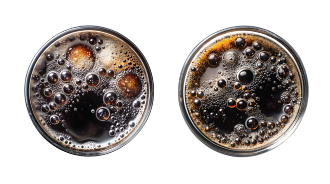 Black Soda Spark Storm: Top view of dark carbonated drink (black soda) fizzing with silver bubbles, minimalist composition, PNG format.