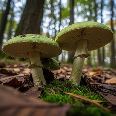Vibrant green mushrooms growing on mossy forest floor at dawn