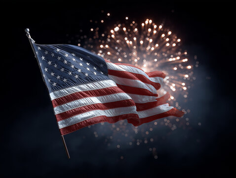 Bright fireworks light up the sky as the American flag waves proudly on Independence Day evening Generative AI - Powered by Adobe