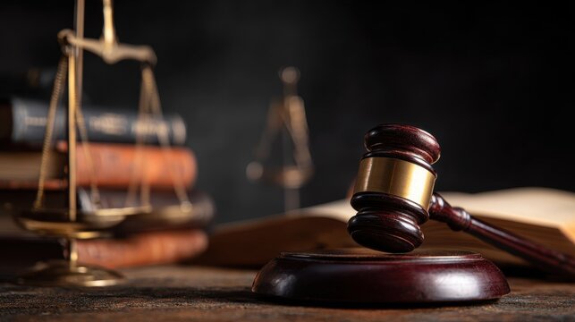 Judges gavel rests on sound block alongside scales of justice and law books in a quiet courtroom setting