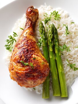 roasted chicken leg with rice and asparagus on white background  no logos no brands ar 34