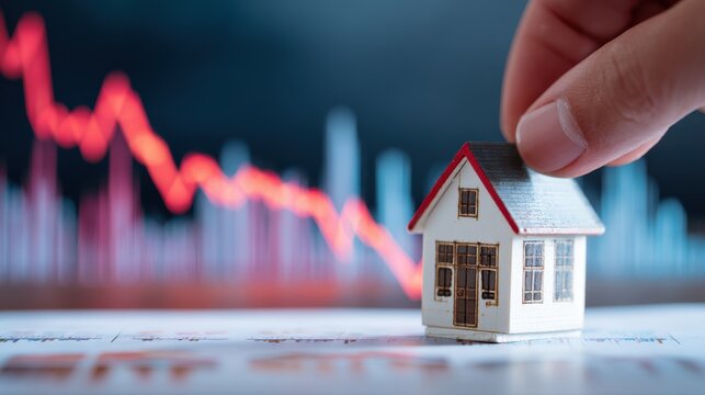 Hand holding a model house against a backdrop of financial data depicting market trends in slow motion - Powered by Adobe
