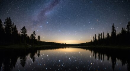Night sky full of stars reflected on a calm lake, surrounded by dark trees