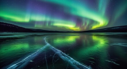 Night sky ablaze with vibrant aurora borealis over a frozen lake and surrounding landscape