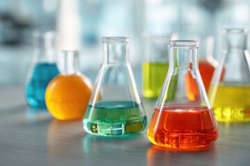Colorful glass flasks with vibrant liquids on a table in a modern laboratory setting for STEM education