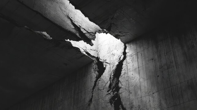 Cracked concrete structure showing light breaking through destruction