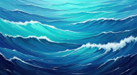 Oceanic waves painted with various blues and foam crests under bright light