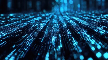 Digital data flowing on futuristic network grid