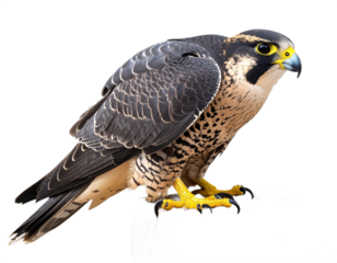 Peregrine falcon perched, isolated on white background, transparent PNG