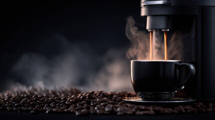 Fresh coffee pours from a modern machine into a black cup surrounded by coffee beans and steam in a cozy kitchen setting