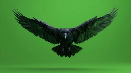 Low poly black bird soaring gracefully in a seamless animation loop over a green screen background