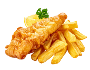 Fish and chips isolated on white background, transparent PNG