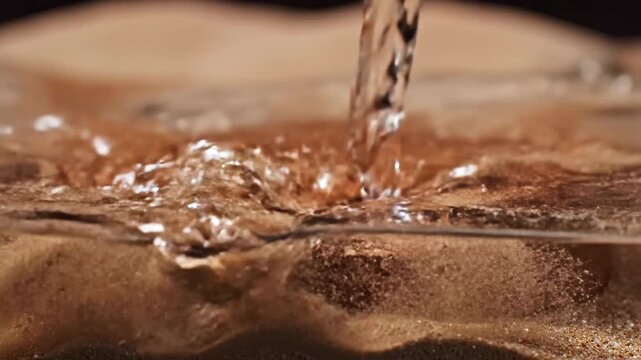 Close-up shot of water pouring into a container filled with a brown liquid, creating ripples and bubbles with a warm color palette.