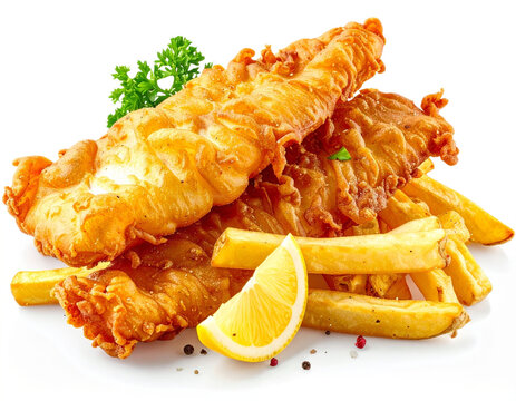 Fish and chips meal isolated on white background, transparent PNG