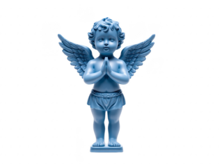 Blue angel statue with wings and praying hands, standing on pedestal, evokes sense of peace and innocence, suitable for spiritual, religious, or decorative themes