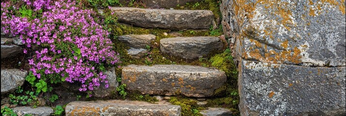 A stone staircase leading up to a rock wall with purple flowers and moss on the steps.