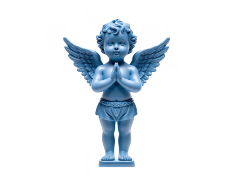 Blue angel statue with wings and praying hands, standing on pedestal, evokes sense of peace and innocence, suitable for spiritual, religious, or decorative themes - Powered by Adobe