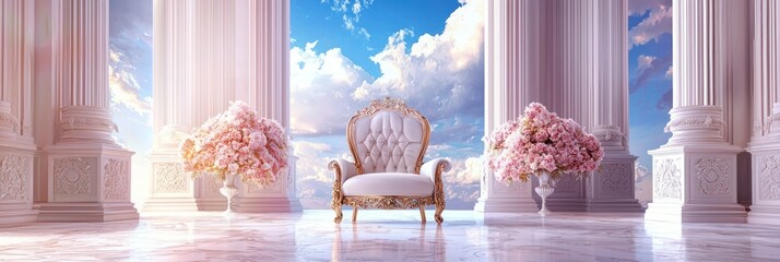 A luxurious throne with a white and gold cushion, surrounded by columns and flowers, against a blue sky with white clouds.