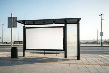Blank white bus stop shelter billboard mockup featuring an empty advertising screen in a modern urban setting ideal for showcasing marketing messages branding and promotional.
