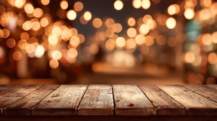 wooden surface with bokeh background in warm tones creating a festive and inviting atmosphere view