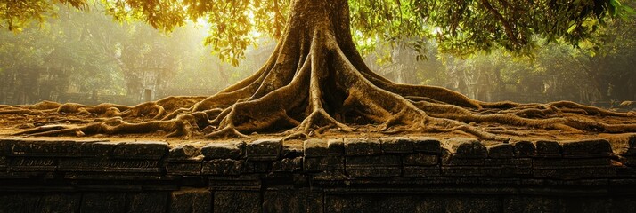 Ancient stone wall with tree roots growing through it, surrounded by lush greenery and ancient ruins.