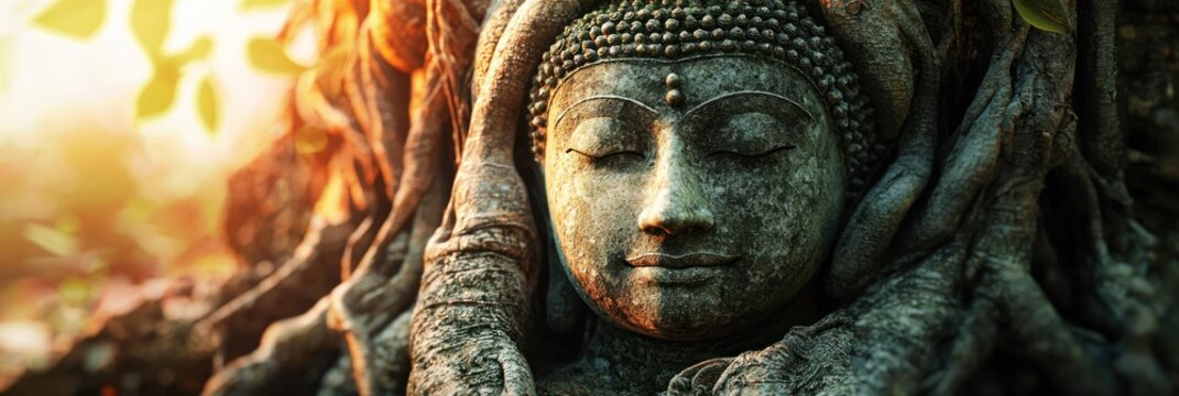 A serene Buddha statue surrounded by tree roots, with a serene expression and closed eyes, set against a lush green background.