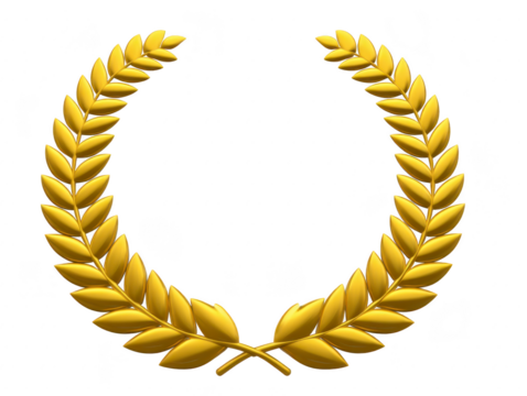 Golden laurel wreath symbol of victory achievement honor and excellence isolated on transparent background often used in awards competitions and academic ceremonies