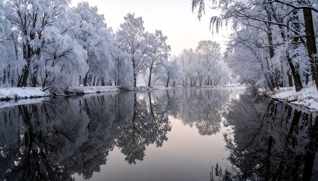 Frost-covered trees reflect in a calm river on a winter morning - Powered by Adobe