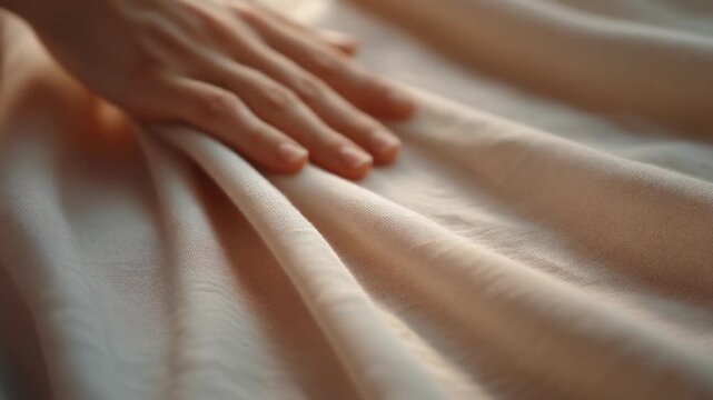 Detailed close-up of a human hand gently caressing a soft fabric surface, showcasing texture, warmth, and sensory comfort. Ideal for themes of relaxation, textile quality, skincare, softness, and mini
