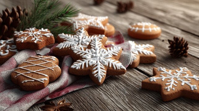 christmas gingerbread cookies on a rustic wooden table