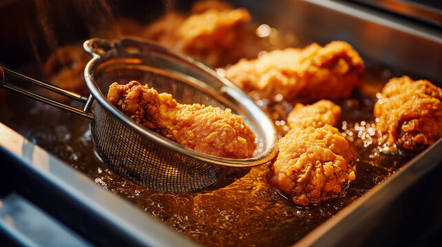 Golden brown fried chicken sizzles in hot oil, creating an inviting and appetizing atmosphere Generative AI