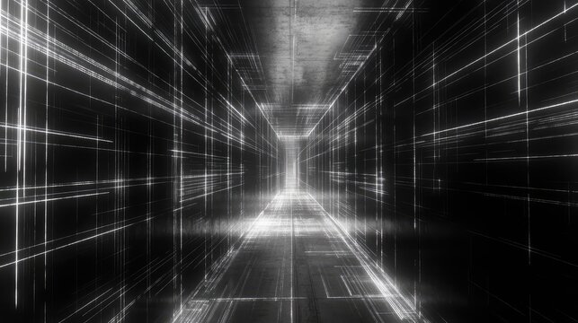 Abstract digital data tunnel with glowing grid lines - Powered by Adobe
