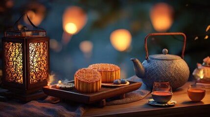 mid autumn festival celebration with mooncakes and chinese tea set lantern festival asian culture cozy home environment