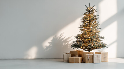 A charming Scandinavian-style Christmas tree shines with warm lights, surrounded by wrapped gifts Generative AI