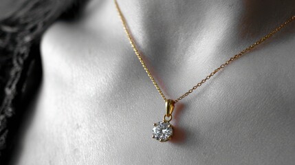 Elegant gold necklace with sparkling diamond pendant hanging gracefully from a woman's neck in soft focus lighting