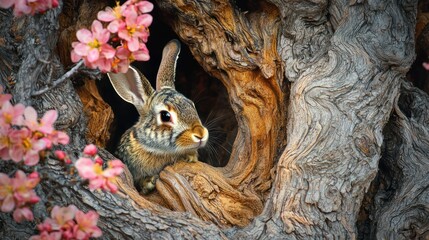 Obraz premium A rabbit peeking out from a tree trunk with pink flowers.
