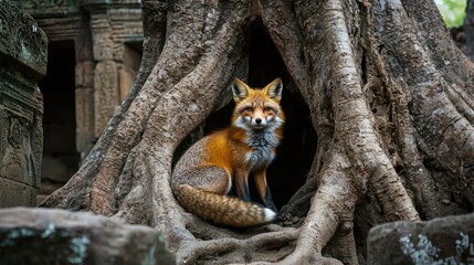 Obraz premium A red fox sitting in the center of a tree trunk with ancient temple ruins in the background.