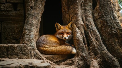 Fototapeta premium A red fox resting on a tree trunk in a temple setting.